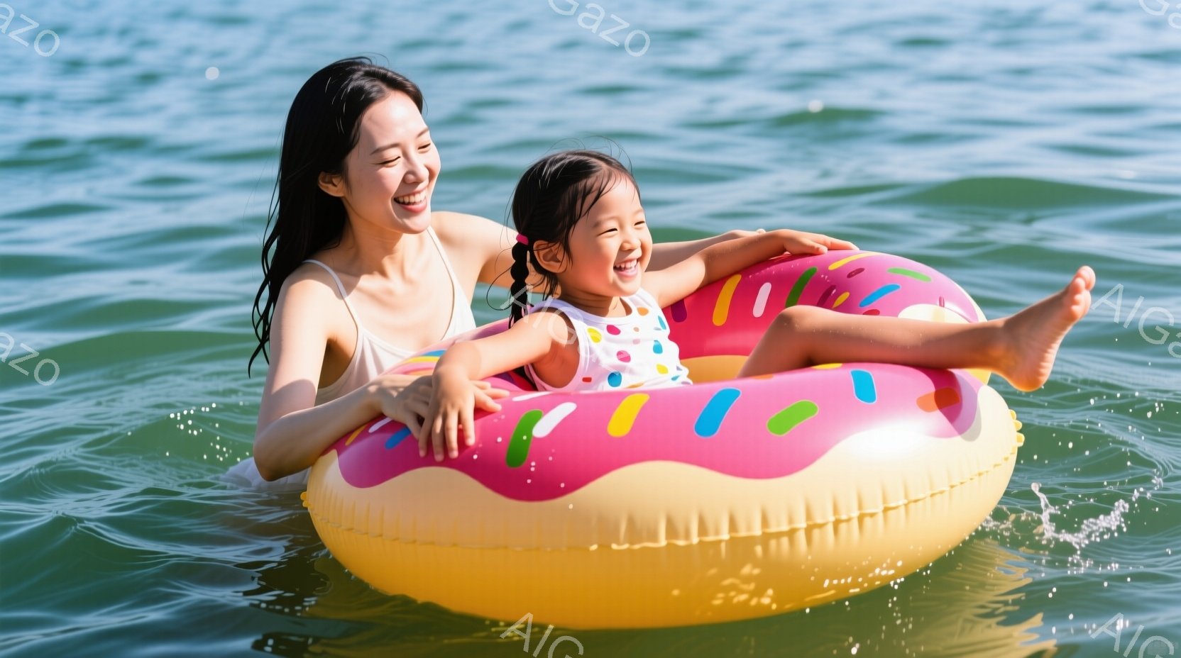 明るい水面で、幼い女の子がドーナツ型の浮き輪に乗って楽しそうに笑っています。母親は水の中にいて、娘を見守りながら微笑んでいます。背景は水面のみで、晴れた日の水遊びの光景が明るく表現されています。