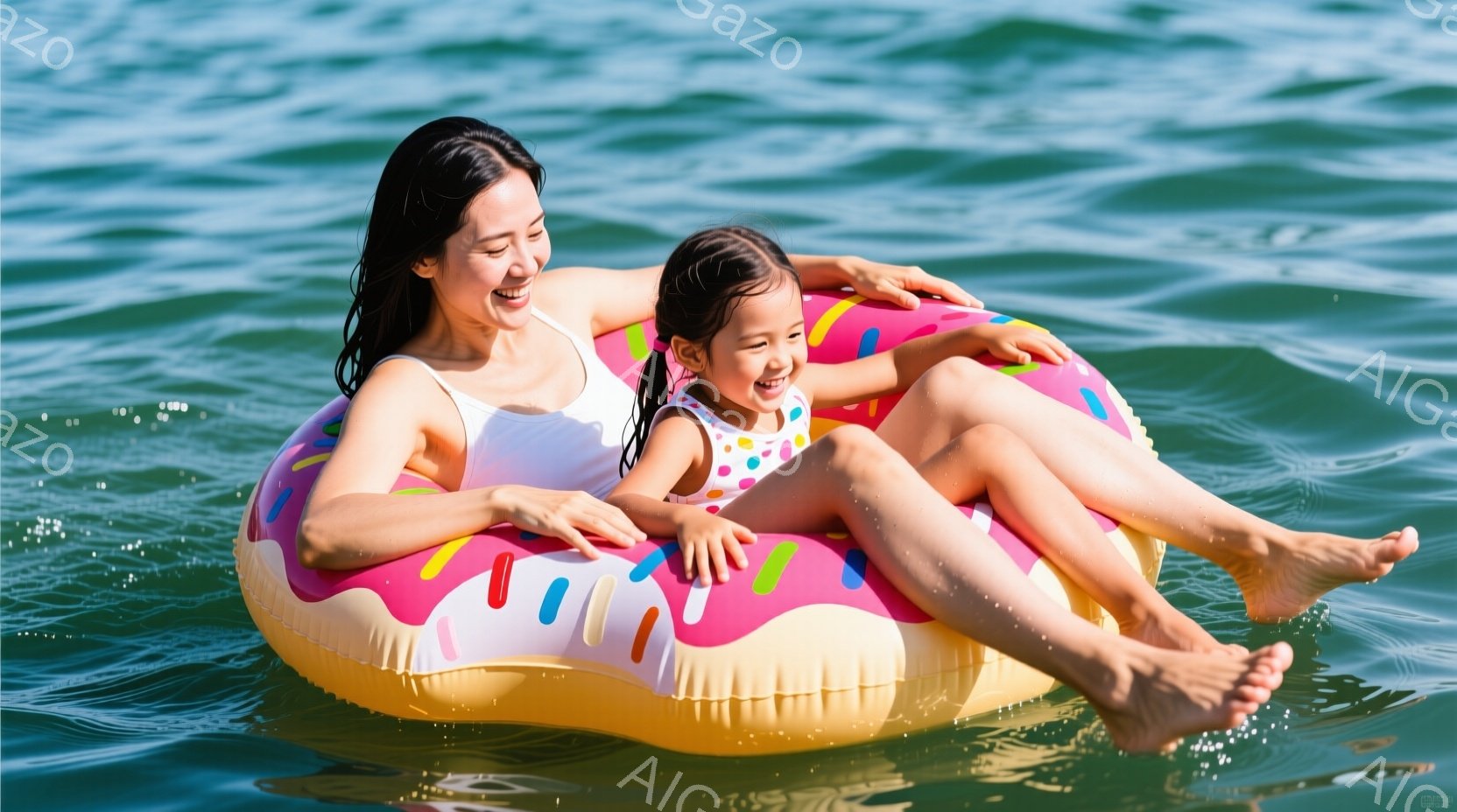 女性と幼い女の子が、ドーナツ型の浮き輪に乗って水中に浮かんでいます。女性は白い水着を着て髪を後ろで束ね、笑顔で女の子を見つめています。女の子はカラフルな水着を着ており、足は水中に浸かり、二人ともリラックスした様子で楽しんでいます。