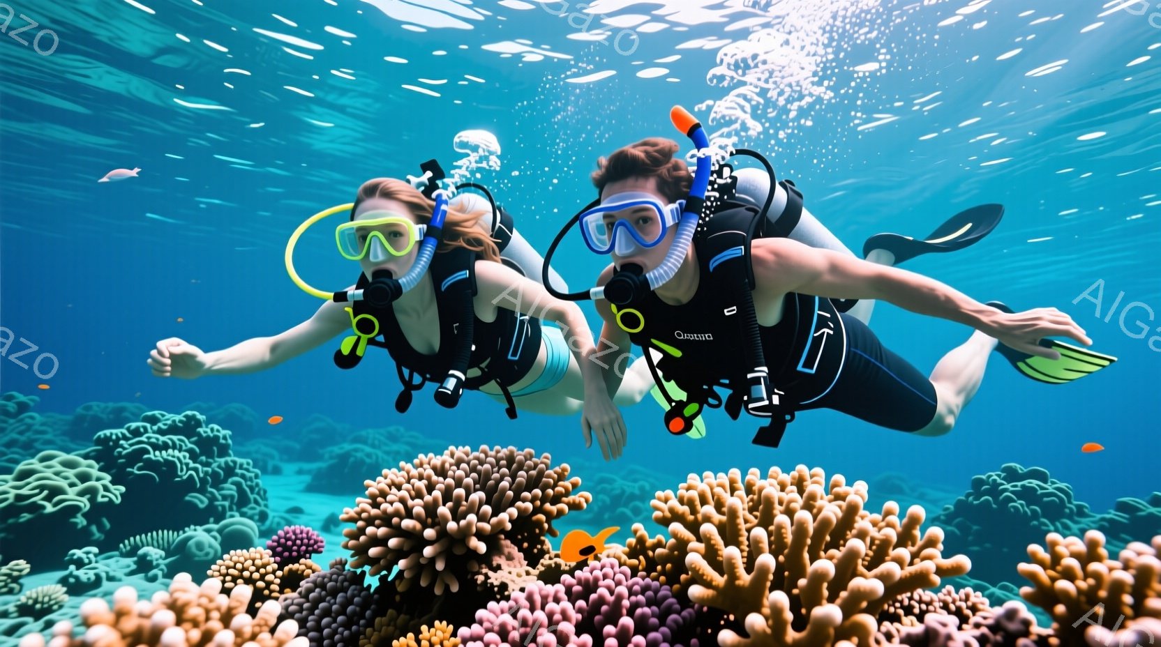 二人のダイバーが青い海中を泳いでいる様子が写っている。女性は茶髪を後ろでまとめ、男性は短髪で、二人ともダイビングマスクとシュノーケルを装着し、リラックスした表情をしている。背景には、鮮やかなオレンジ色の珊瑚礁が広がり、数匹の熱帯魚が泳いでおり、穏やかで美しい海中世界の雰囲気が伝わってくる。