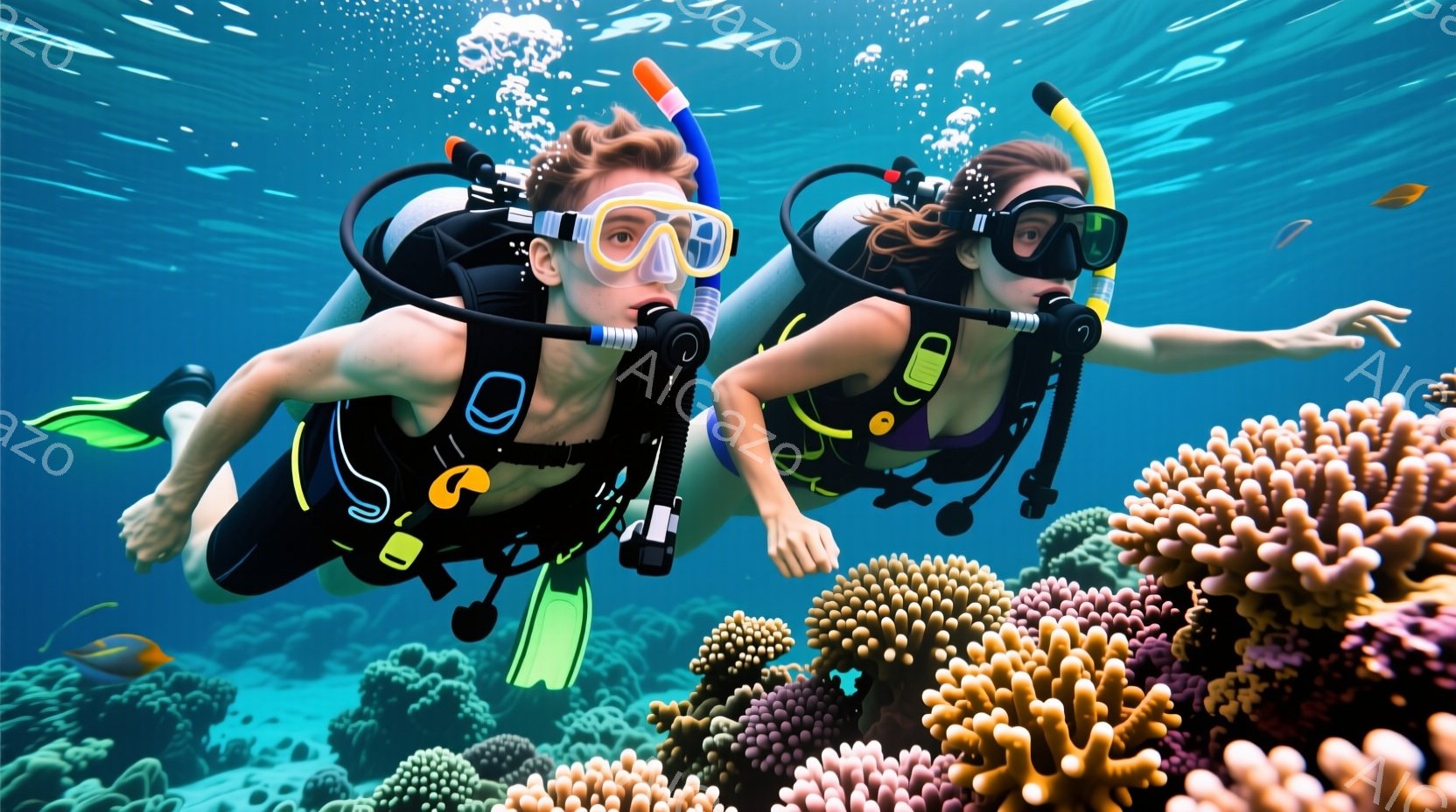 二人のダイバーが、鮮やかな珊瑚礁の中を泳いでいる様子が捉えられています。男性は金髪でゴーグルをかけ、女性は茶髪をポニーテールにし、それぞれダイビングスーツを着用しています。背景には、多様な色の珊瑚が広がり、水中に漂う泡と魚が、穏やかで幻想的な雰囲気を醸し出しています。