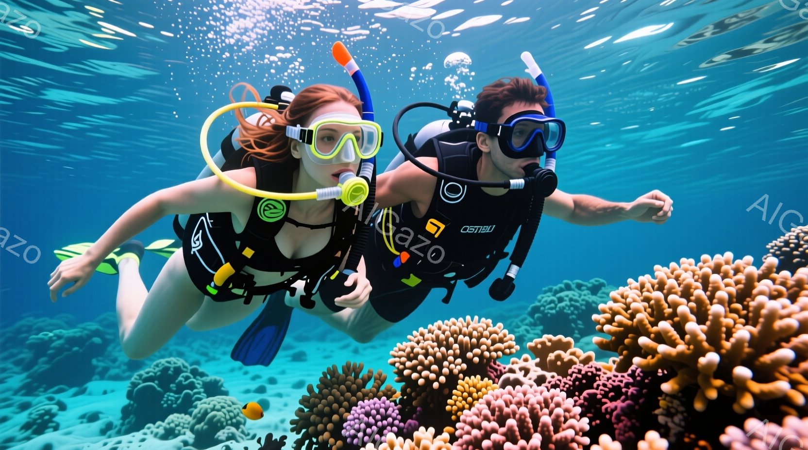 二人のダイバーが鮮やかな珊瑚礁の中を泳いでいる。女性は長い赤毛を後ろでまとめ、黒いダイビングスーツに黄色のフィンを履き、リラックスした表情で前を見ている。男性も黒いダイビングスーツを着用し、女性の隣を並んで泳ぎながら、同様にリラックスした様子だ。