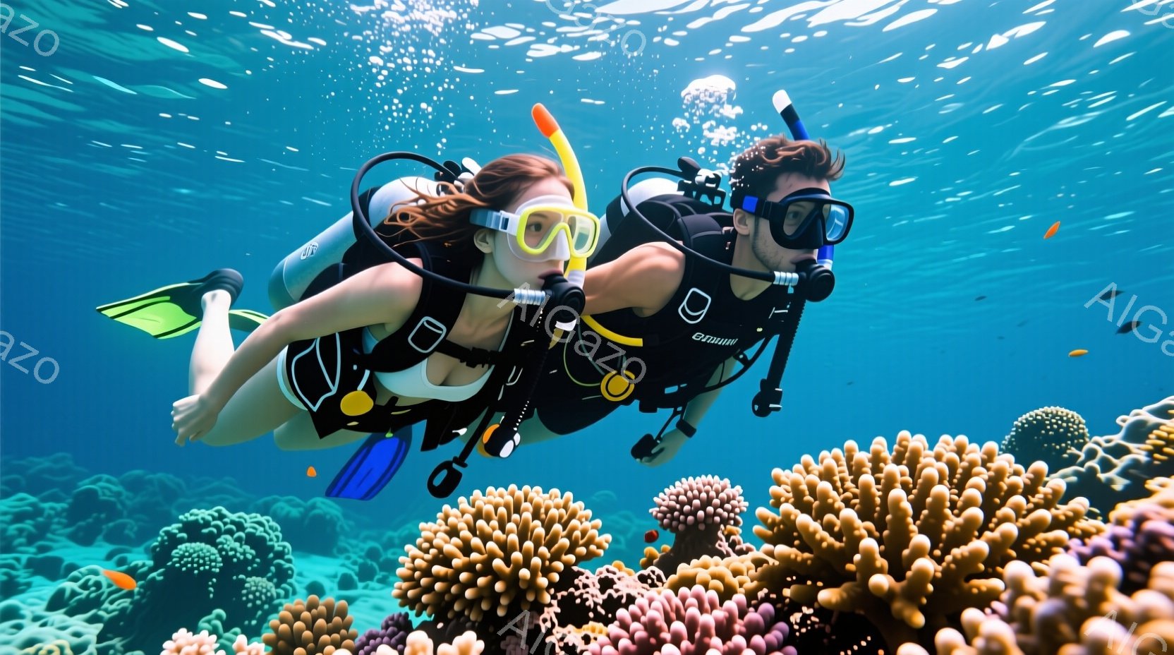 二人のダイバーが、鮮やかな珊瑚礁の間を泳いでいる様子が描かれています。女性は長い髪を後ろでまとめ、男性は短い髪で、どちらもダイビングマスクとシュノーケルを着用し、リラックスした表情をしています。背景には、様々な色の珊瑚が広がり、水中に漂う小さな魚も確認でき、穏やかで美しい海洋の雰囲気が伝わってきます。
