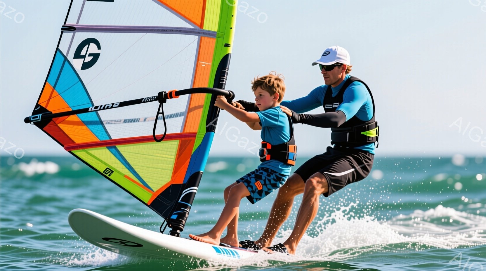 日差しが強く、青い海の上を少年と大人がウィンドサーフィンを楽しんでいる様子が写っている。少年はオレンジと黒のショートパンツに青いTシャツを着ており、大人は黒いショートパンツと青いラッシュガードを着ている。波が砕け、背景には穏やかな海が広がっており、爽やかでアクティブな雰囲気が漂っている。