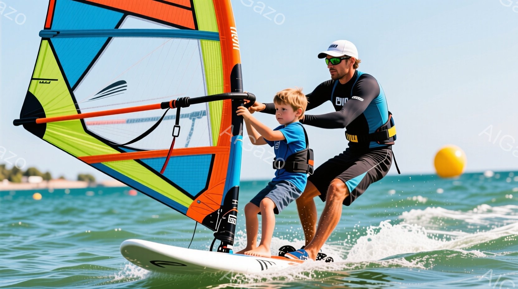 少年と大人が風力帆（ウィンドサーフィン）を楽しんでいる様子が写っています。大人は黒のラッシュガードと短パン、少年は青いシャツと短パンを着ており、どちらも日焼け止めクリームを塗っているようです。背景には穏やかな海と遠くの建物が見え、晴天の下、活気ある雰囲気が漂っています。