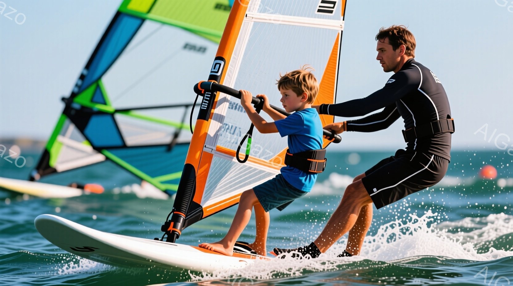 1. 男性は水中で手を引き合わせ、子供が持っているセイルのハンドルに触れています。 2. 海の水は波が浮かんでおり、その波の上で小さなセイルボートが見られます。 3. 昼間の晴天であり、空は青く、薄い雲があるようです。