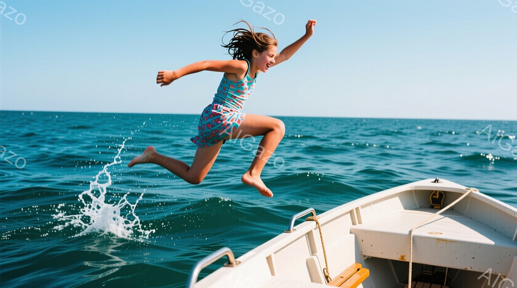 小さな女の子がボートから飛び降りる瞬間を捉えた写真です。彼女はカラフルな水着を着ており、髪は風になびいています。背景には穏やかな青い海が広がり、晴天の下、活気に満ちた夏の雰囲気が漂っています。