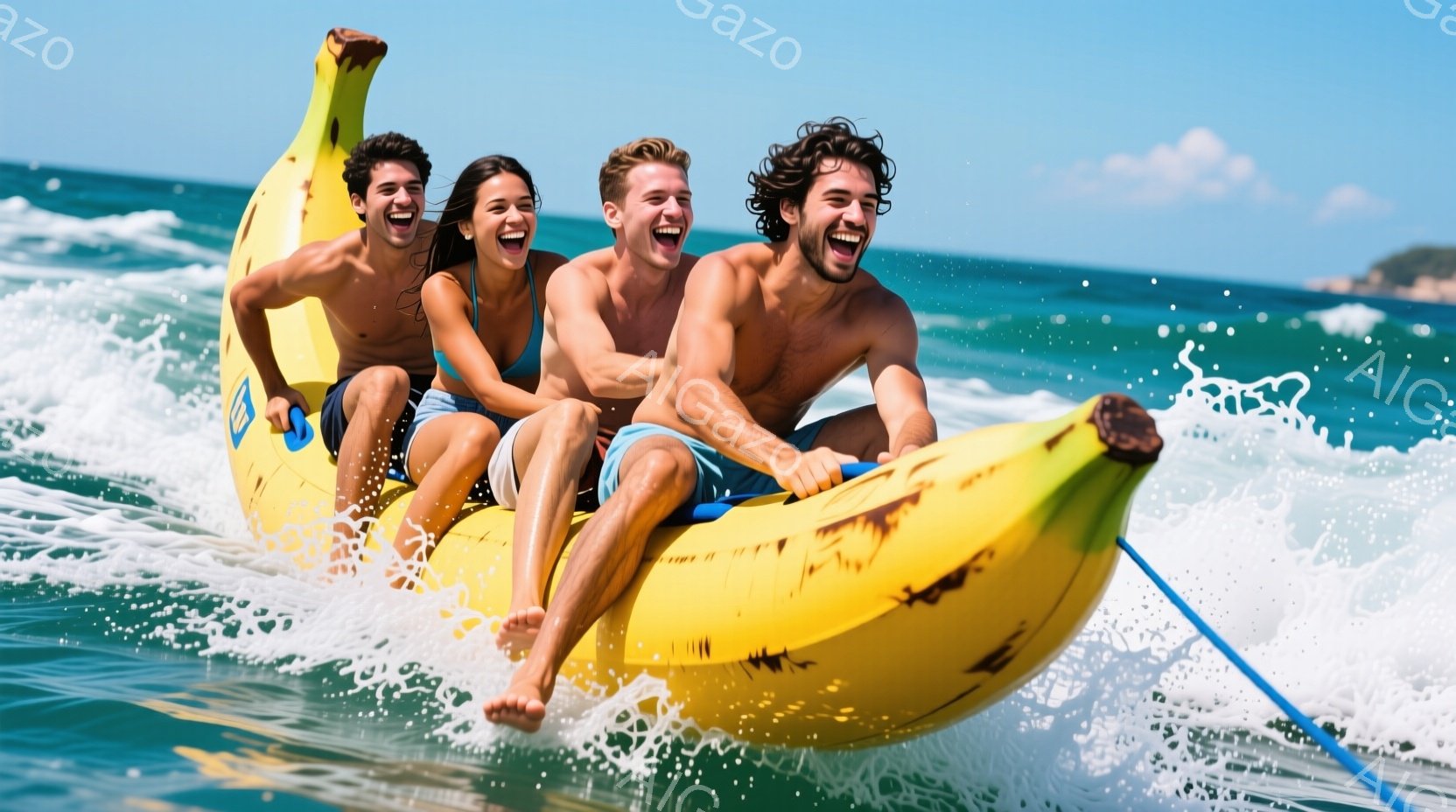 3人の若者が、巨大なバナナの形をしたボートに乗って海を疾走している。彼らは皆、水着姿で、笑顔を浮かべ、興奮した表情を見せている。背景には青い海と白い波が広がり、晴れた空の下、爽やかな夏の日の雰囲気が漂 - AI生成フリー素材