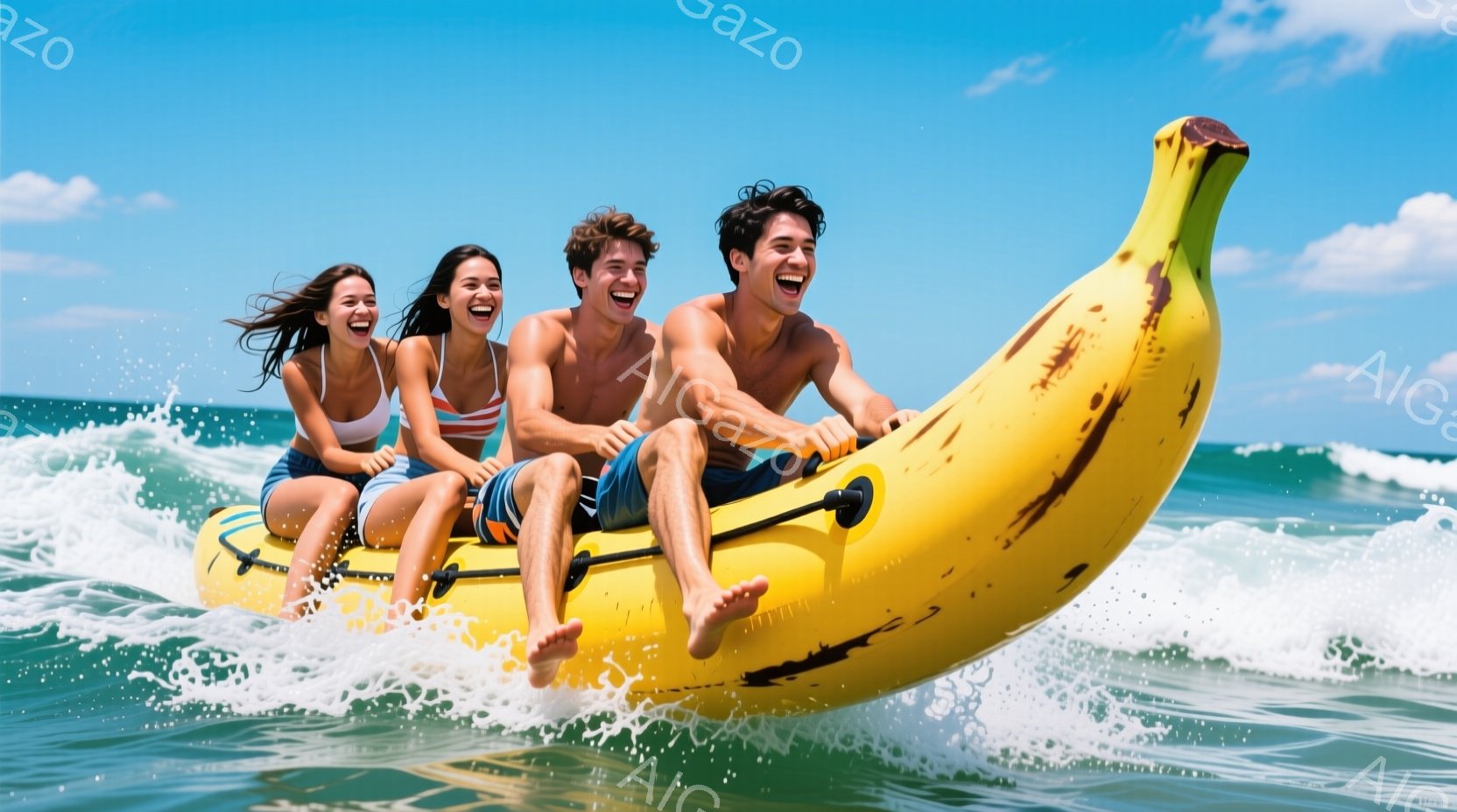 4人の若者が巨大な黄色いバナナの形をした浮き輪に乗って海を航行しています。彼らは皆、水着姿で、笑顔で興奮した表情を浮かべています。背景には、青い海と白い波が広がり、晴れた空が広がっており、明るく楽しい - AI生成フリー素材