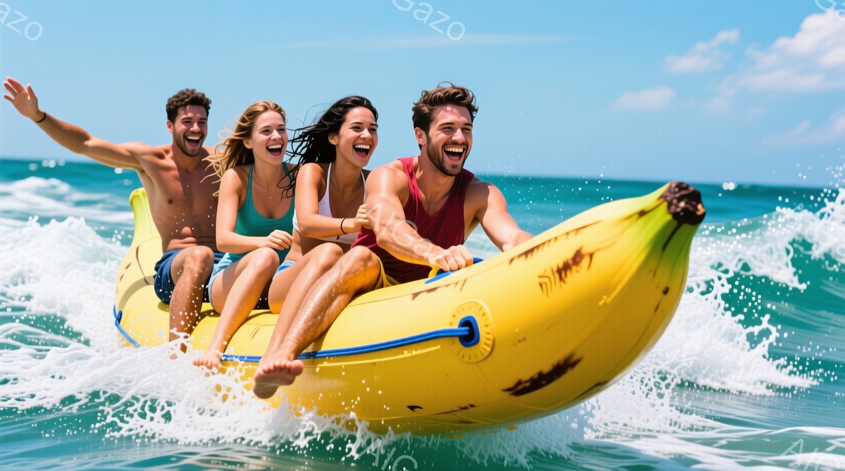 晴れた日に、4人の若者がバナナボートに乗って楽しんでいる様子が写っています。女性は緑色のタンクトップ、男性は赤色のシャツを着ており、皆笑顔で興奮した表情をしています。背景には青い海と白い波が広がり、爽 - AI生成フリー素材