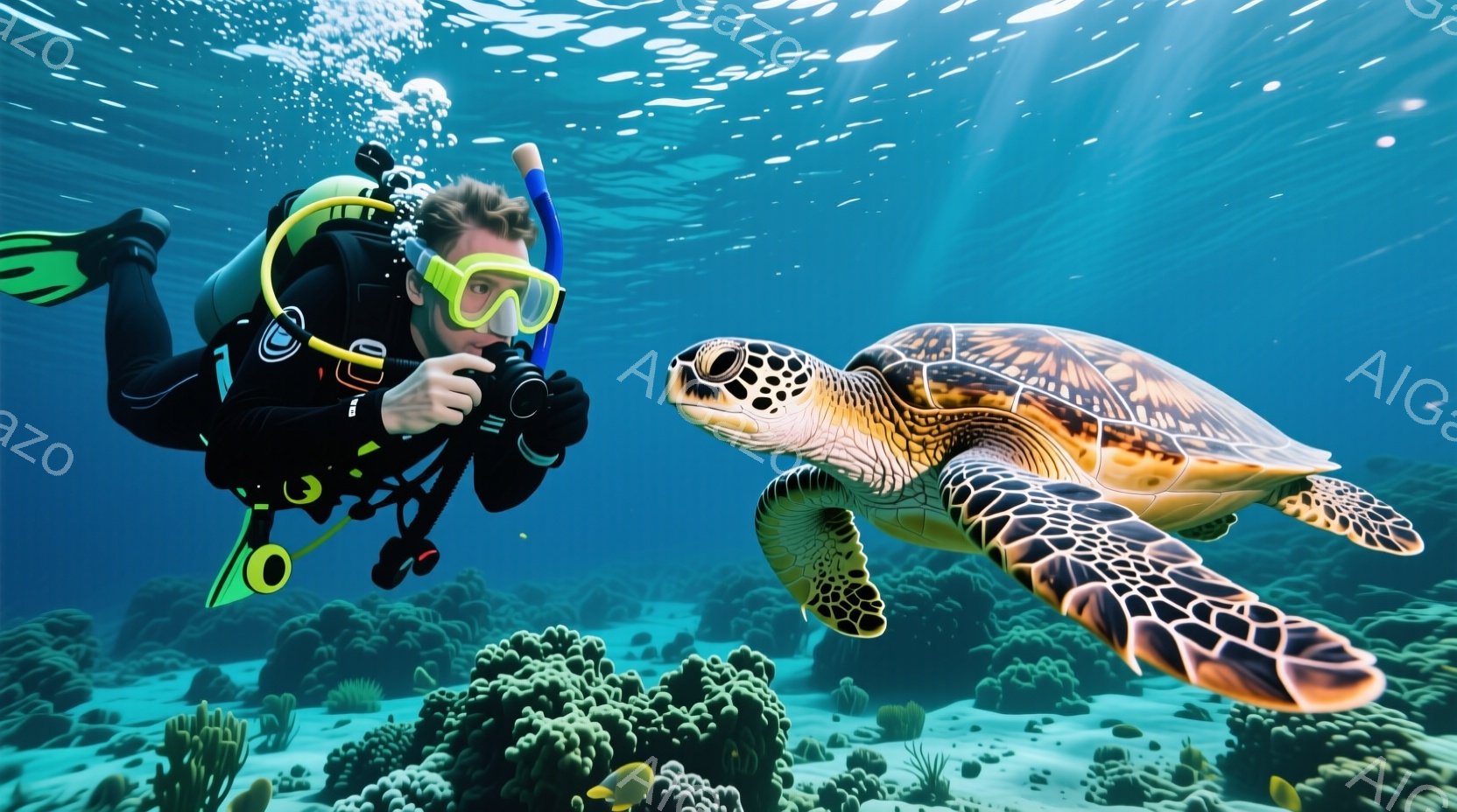 青い海中には、ダイビング装備を身につけた男性と、大きなウミガメが並んで泳いでいる。男性は黒いウェットスーツを着用し、オレンジ色のダイビングマスクとフィン、そしてレギュレーターを装着している。背景にはサンゴ礁が広がり、太陽光が差し込み、穏やかで幻想的な雰囲気を醸し出している。