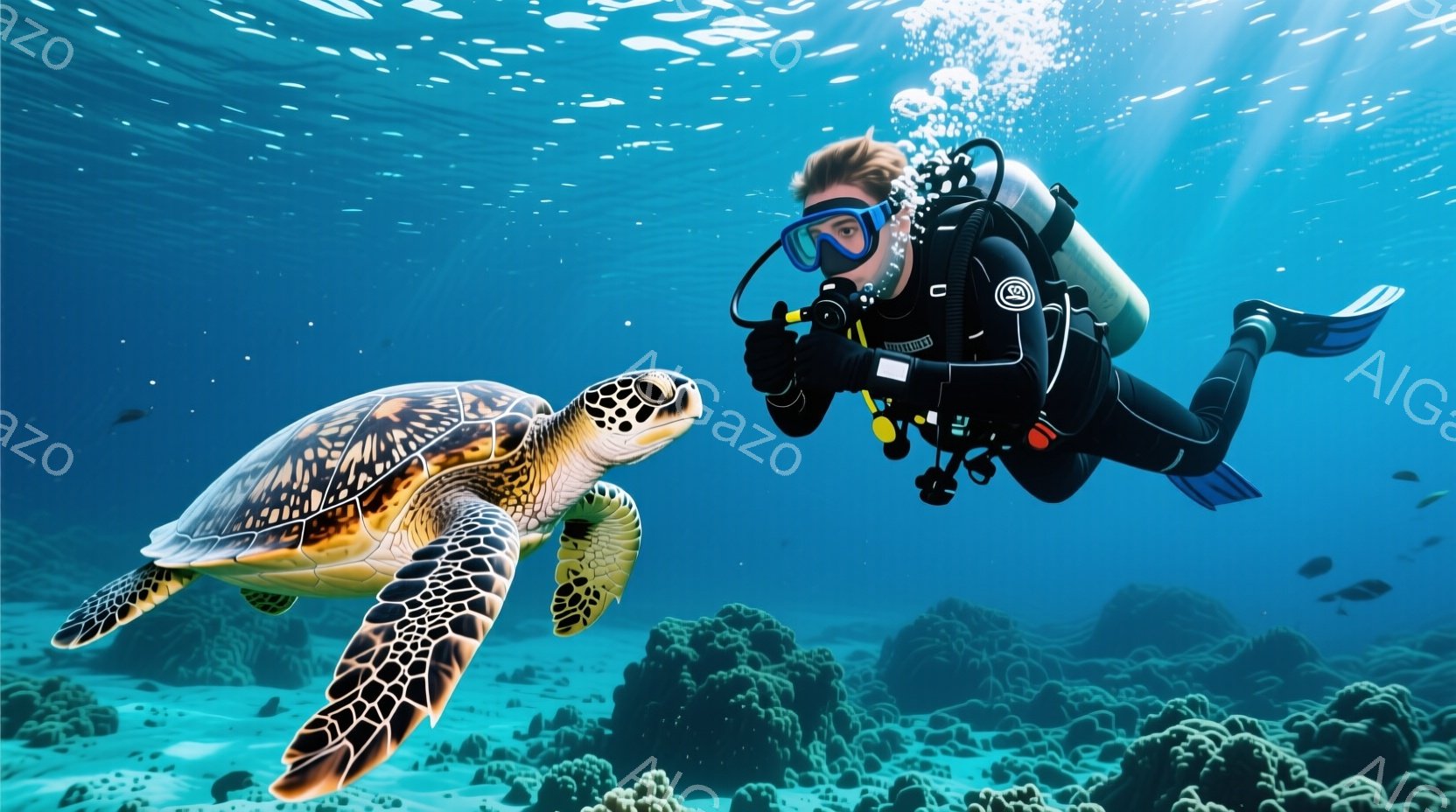 青い海中で、ダイバーがウミガメと向き合っている様子が描かれています。ダイバーは黒いウェットスーツを着用し、ゴーグルから見える目は楽しそうに光り、リラックスした表情をしています。背景にはサンゴ礁が広がり、水中に漂う光線が幻想的な雰囲気を醸し出しています。