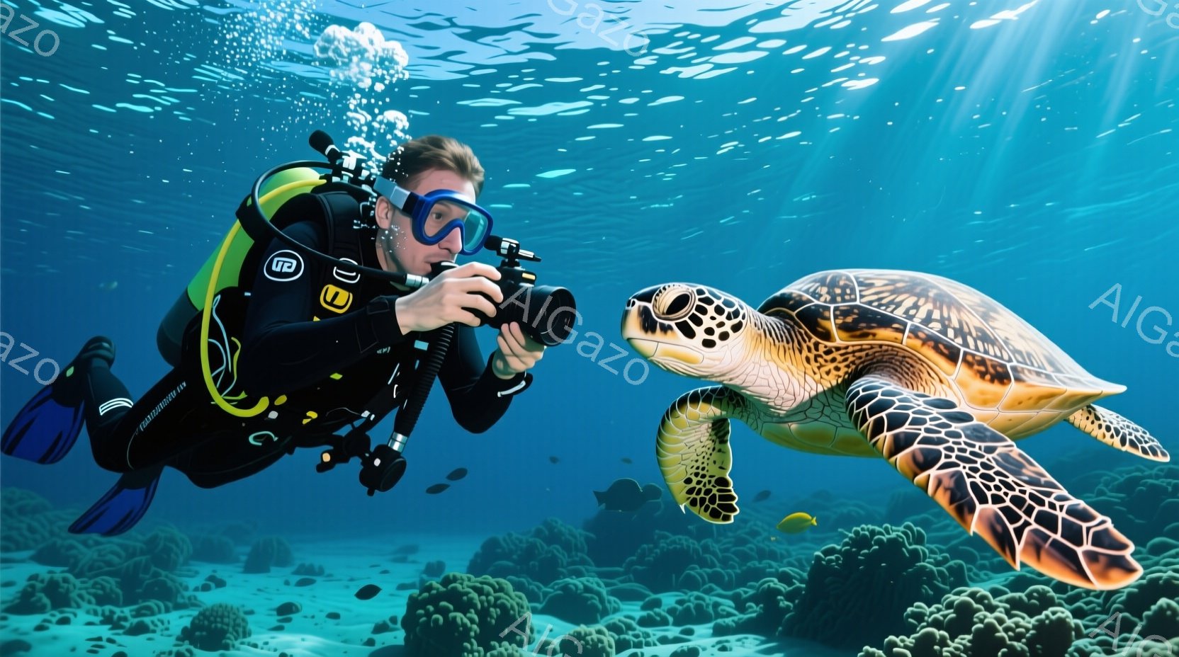 青い海中で、ダイバーがウミガメを撮影している様子が写っています。ダイバーは黒いウェットスーツとフィンを着用し、オレンジ色のマスクとゴーグルを付けています。背景にはサンゴ礁が広がり、水中に小さな魚が泳いでおり、全体的に穏やかで神秘的な雰囲気が漂っています。