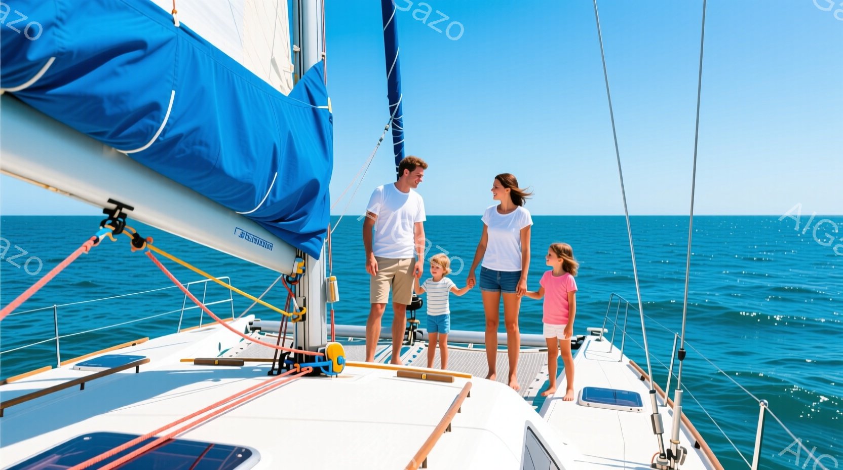 青い海を航行するヨットの上で、家族が楽しんでいる様子が描かれています。父親は短パンとTシャツ姿で、娘と手を繋いで立っており、母親は同じようにカジュアルな服装で、笑顔で家族を見守っています。晴れた空と穏やかな海が広がり、家族の幸せな時間を象徴するような、爽やかで明るい雰囲気です。