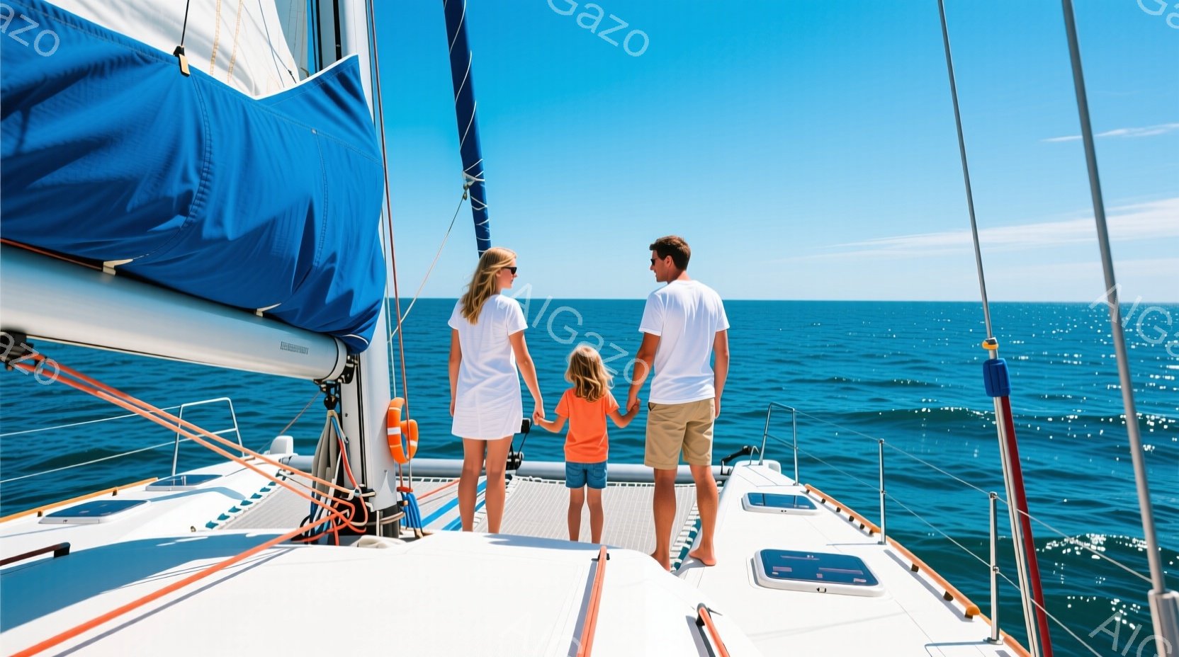 ヨットのデッキに立つ女性と少女、そして男性が描かれています。3人は皆白いシャツと短いズボンまたはスカートを着用し、手をつないでいます。背景には青い海と空が広がり、晴れた日の穏やかな航海を思わせる、平和でリラックスした雰囲気です。