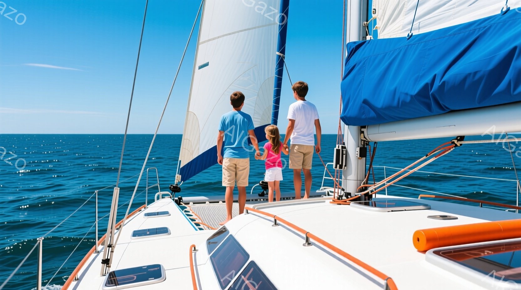 ヨットのデッキに立つ少年と少女が見える。少年は青いTシャツとショーツ、少女はピンクのシャツとベージュ色のショーツを着用している。彼らは皆、海に向かって背を向けて立っており、穏やかな波と青い空が広がる背 - AI生成フリー素材