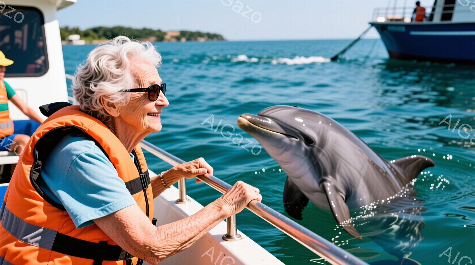 白髪の女性がオレンジ色のライフジャケットを着て船の手すりに寄りかかり、笑顔でこちらを見ている。彼女の横には、水から顔を出したイルカがおり、同じようにこちらを見ている。背景には青い海、遠くの緑豊かな島々、そして晴れた空が広がっており、穏やかで楽しい雰囲気が漂っている。