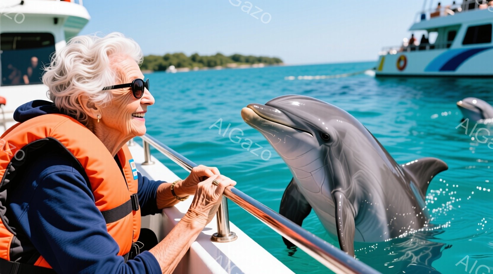 白髪の女性がボートに乗っており、オレンジ色のライフジャケットを着用し、サングラスをかけて笑顔を見せています。彼女はボートの柵に手を置き、水から顔を出したイルカを見つめています。背景には青い海、他のボート、そして緑豊かな島々が見え、晴れた日の穏やかな雰囲気を感じさせます。