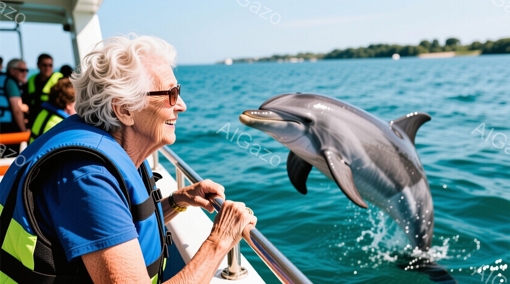 年配の女性が青いライフジャケットを着て船の柵にもたれ、笑顔で海中のイルカを見つめている。イルカは水面から飛び出し、体を大きく曲げて躍動感あふれる姿を見せている。背景には穏やかな海と緑豊かな自然が広がり、晴天の下、活気に満ちた夏の日の様子が伝わる。