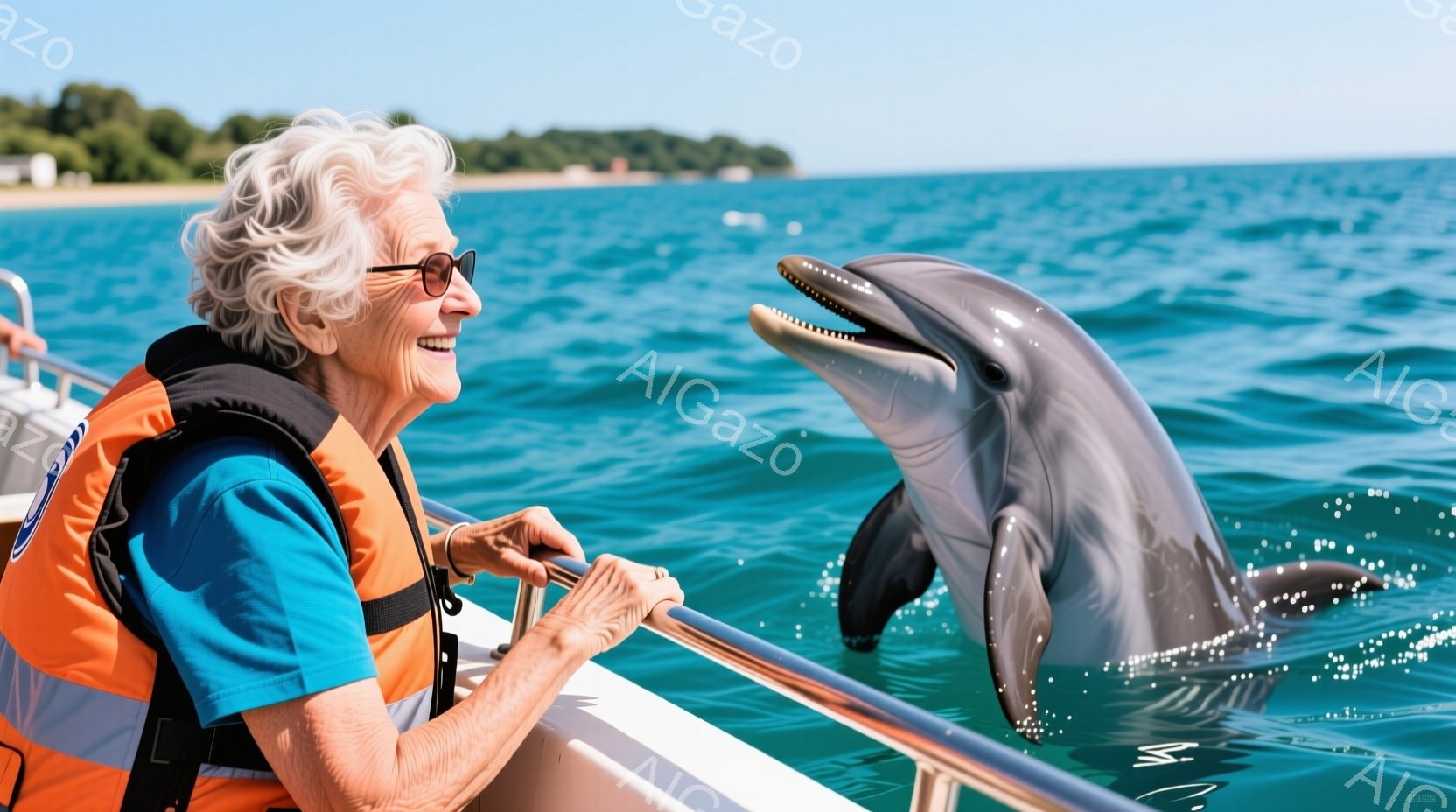 白髪で巻き髪の女性がオレンジ色のライフジャケットと青いシャツを着て、ボートの手すりに寄りかかっています。彼女は笑顔で、海中から顔を出すイルカを見つめています。背景には穏やかな青い海と緑豊かな海岸線が広がり、晴れた空が広がっています。
