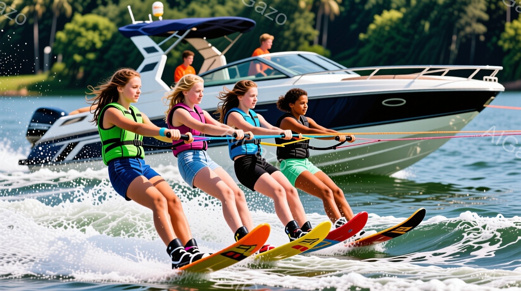 4人の若い女性が、湖の上をウォータースキーを楽しんでいる様子が写っている。それぞれライフジャケットと短パンを着用し、髪は風になびいている。背景には、青い船と緑豊かな木々が見え、晴天の下、爽やかな夏の雰 - AI生成フリー素材