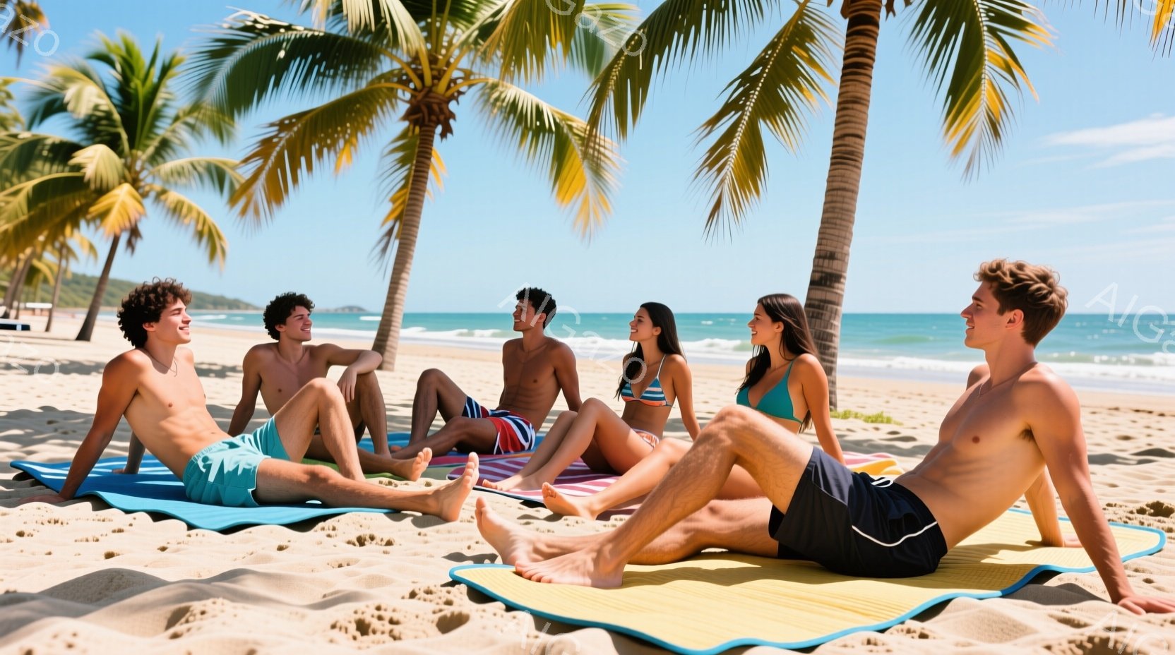 砂浜に集まった若い男女グループが、カラフルなビーチマットの上でリラックスしています。男性は短パン姿で、女性はビキニを着ており、皆笑顔で楽しそうに会話しています。背景にはヤシの木が生い茂り、青い海と晴天が広がっており、夏の穏やかな雰囲気を醸し出しています。