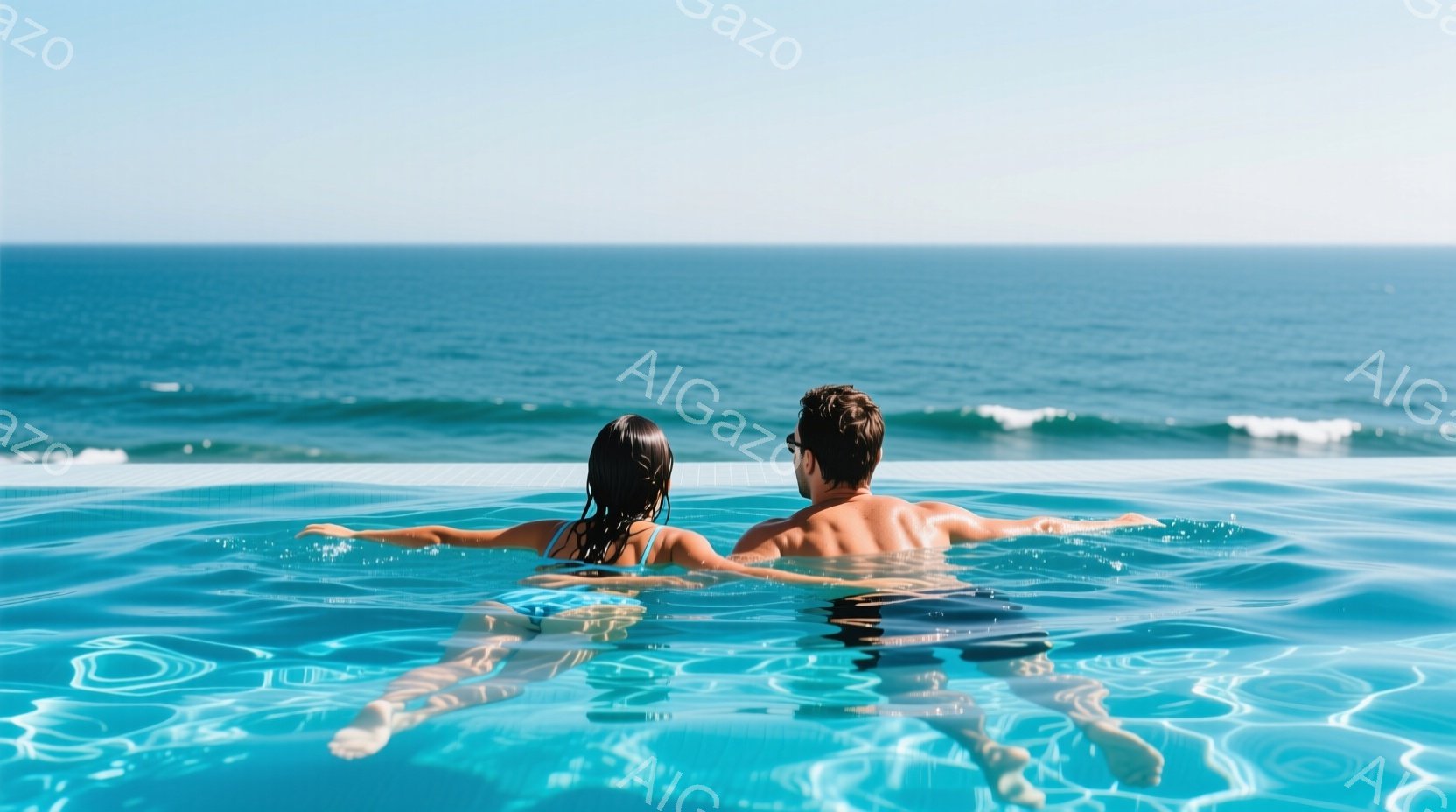 澄んだ青いプールに、水着姿の男女が背中で寄り添い、リラックスして浮かんでいます。男性は黒い水着、女性は青い水着を着用し、髪は水に濡れて後ろに広がっています。背景には、穏やかな波が打ち寄せる青い海と、晴天の空が広がっており、静かで贅沢な雰囲気が漂います。