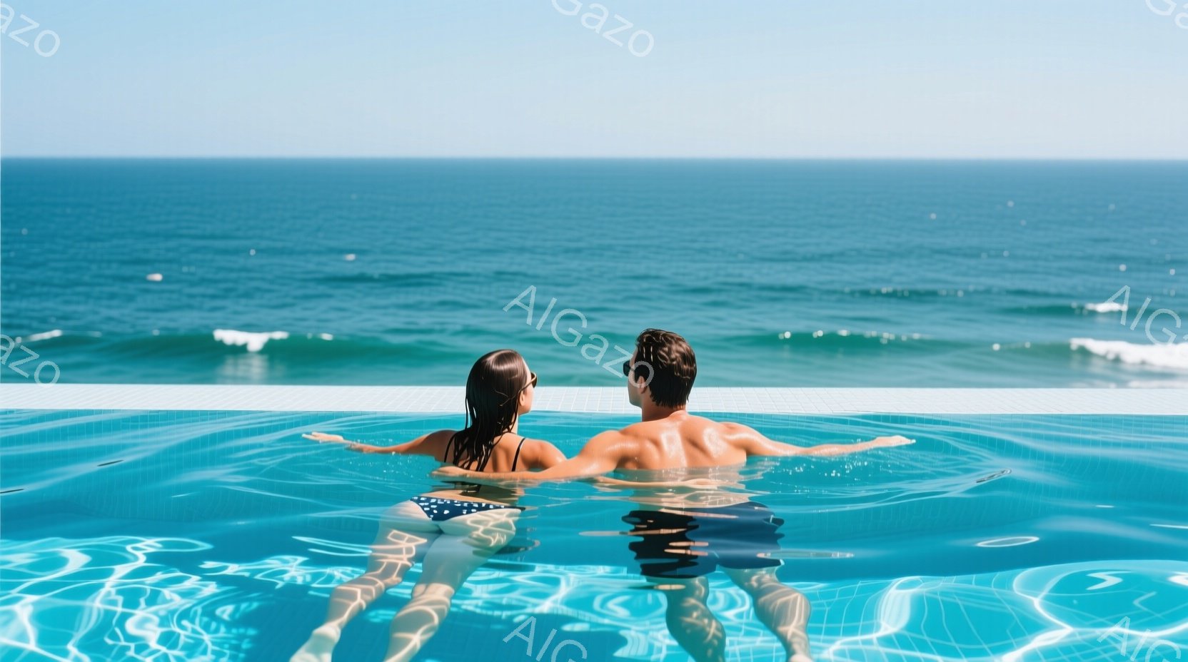 水色のプールの縁で、女性と男性が背中合わせに浮かんでいます。女性は黒い水着に髪を後ろでまとめ、男性は黒いスイムトランクスを着用しています。背景には青い海と白い波が広がり、晴天の穏やかなリゾートの雰囲気 - AI生成フリー素材