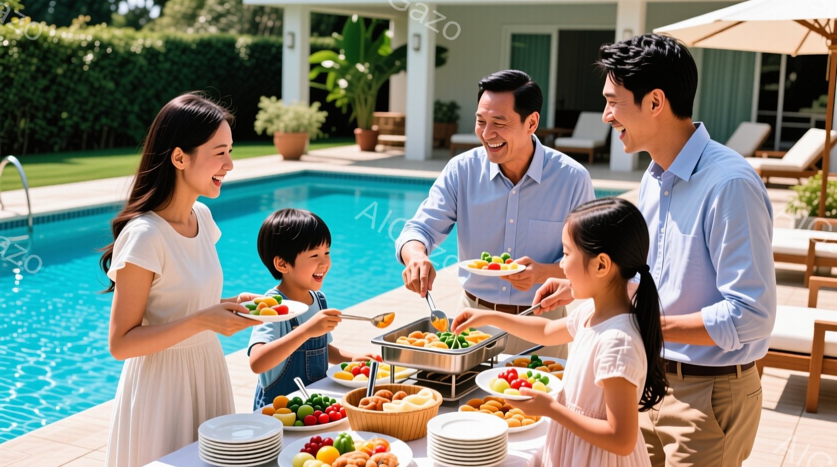 プールサイドで家族がフルーツを盛り付けている様子が写っている。母親は白いワンピースを着て微笑み、息子はデニムのオーバーオールを着て、父親にフルーツを渡している。背景には青いプール、緑豊かな植物、そして - AI生成フリー素材
