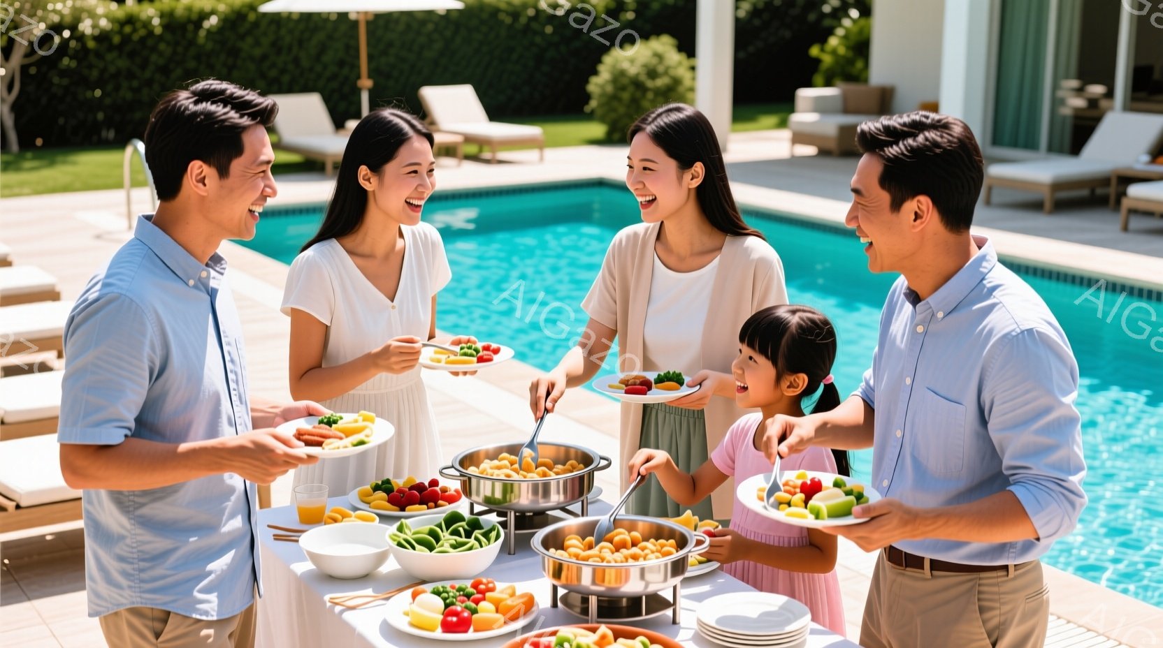 家族四人が庭で食事を楽しんでいる様子が写っています。男性は明るい青色のシャツにベージュ色のズボン、女性は白いワンピースを着ており、幼い女の子はピンク色のワンピース姿で、皆笑顔で料理を盛り付けています。 - AI生成フリー素材