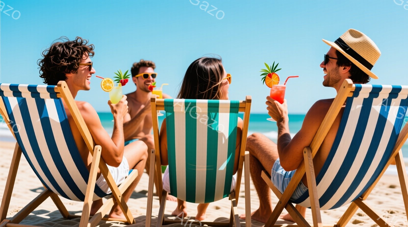 砂浜に並んだ三人の人物が、ストライプ柄のビーチチェアに座り、トロピカルドリンクを楽しんでいます。男性はそれぞれ巻き毛で、片方は帽子を被っており、全員がリラックスした表情で海を見ているようです。背景には青空と穏やかな海が広がり、夏の陽気な雰囲気が漂っています。