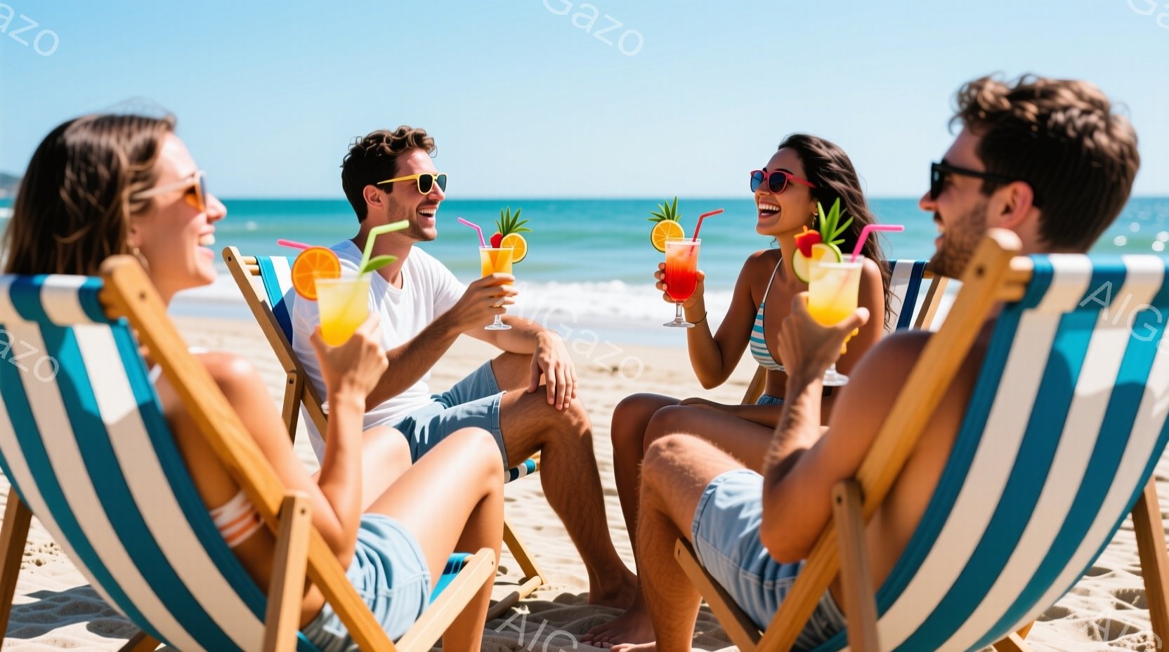 砂浜に4人の人々が、縞模様のビーチチェアに座り、カラフルなカクテルグラスを持って楽しんでいます。男性は白いTシャツと水色のショートパンツ、女性は白と青のストライプのビキニとショートパンツを着用し、皆笑 - AI生成フリー素材