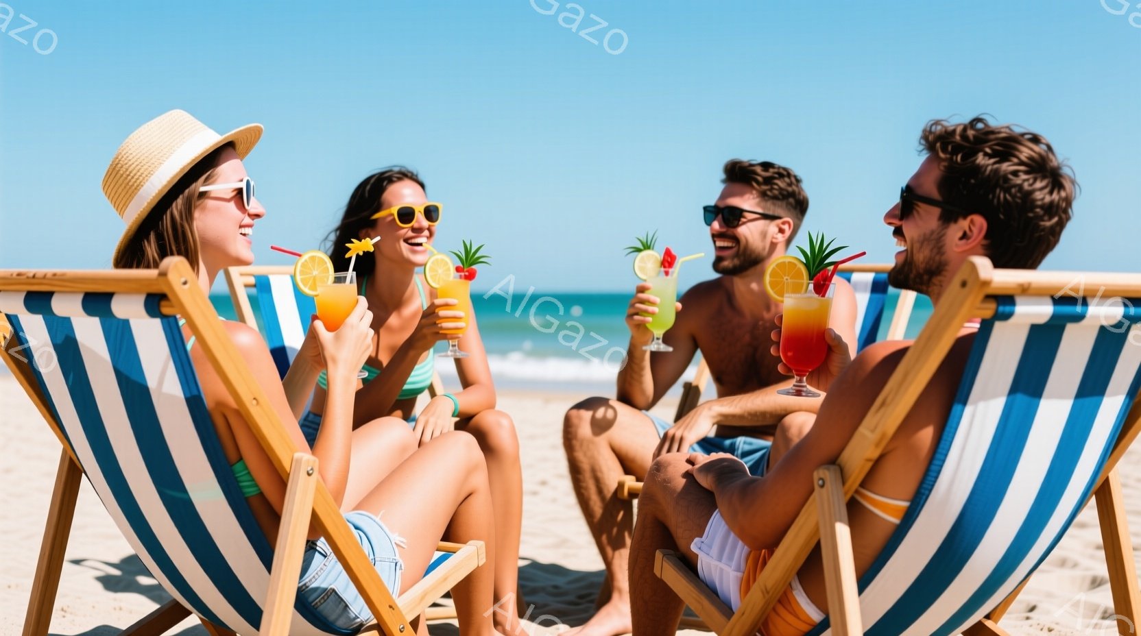 ビーチでリラックスした4人の若者が写っている。女性は麦わら帽子をかぶり、明るい色の水着を着て、男性は短パンで、皆が笑顔でカクテルグラスを持っている。背景には青い海と空、そして白い砂浜が広がり、晴れた日 - AI生成フリー素材