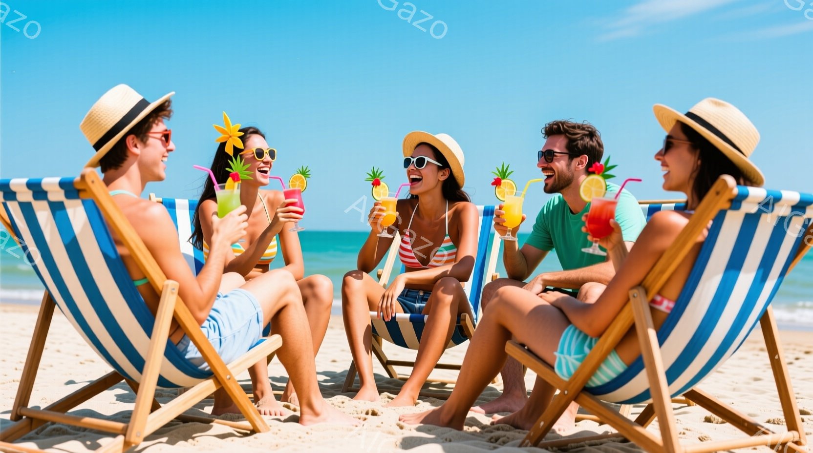 砂浜に並んだストライプのビーチチェアに、サングラスをかけた若い男女が座り、トロピカルドリンクを手に楽しんでいます。女性は水着とショートパンツ、男性は水着にTシャツというラフな服装で、皆笑顔でリラックスした表情をしています。背景には青い海と空が広がり、晴天のもと、夏のバカンスの雰囲気が漂っています。