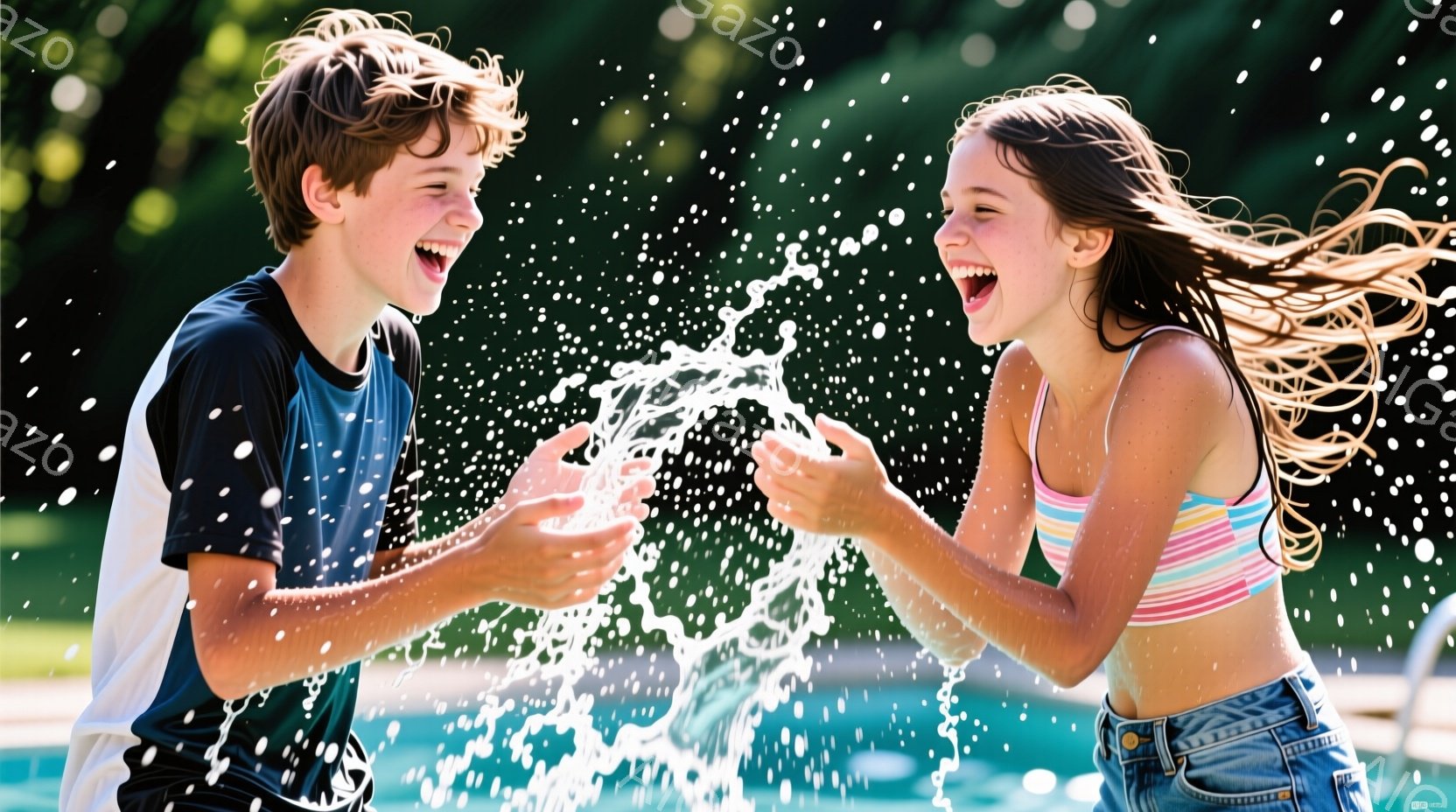 若い男女が水しぶきを上げながら楽しそうに笑っている。少年は白いシャツと黒いTシャツを着ており、カールした髪をしている。少女はストライプのタンクトップとジーンズを着ており、長い髪が風に吹かれている。背景 - AI生成フリー素材
