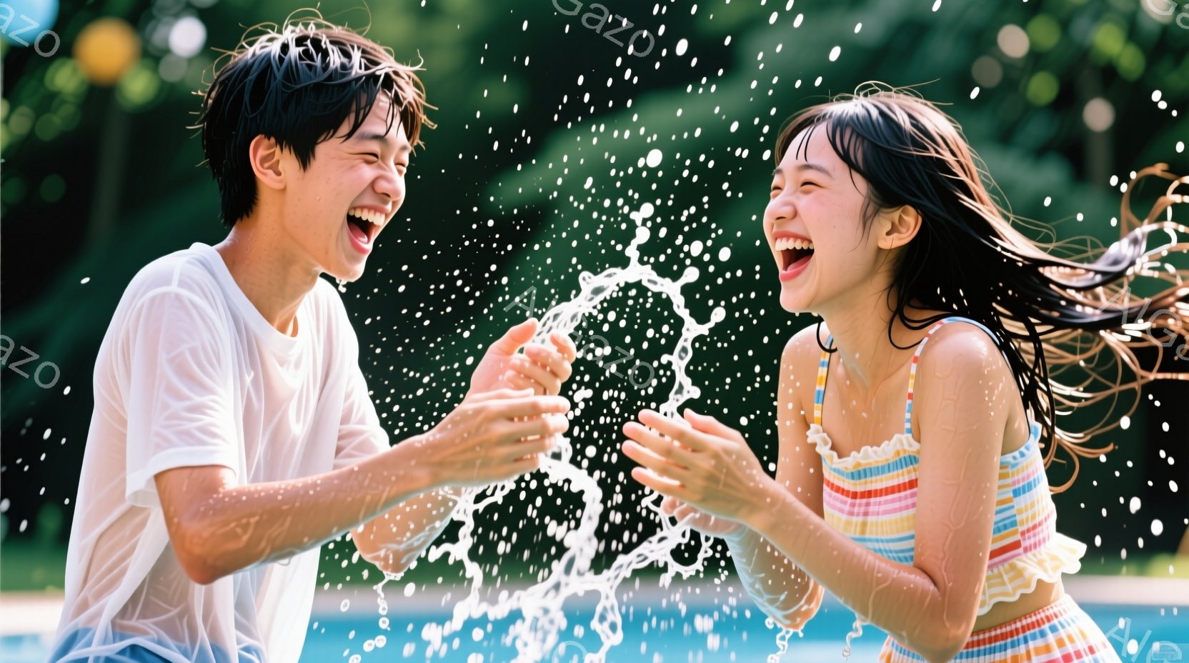 若い男女が水しぶきを浴びながら笑っている姿が写っている。男性は白いTシャツを着ており、濡れた髪が額にかかっている。女性はカラフルなストライプのトップスを着ており、髪は風になびいている。