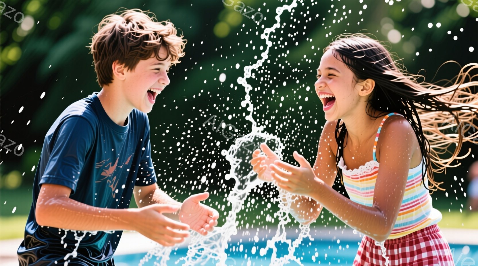 少年と少女が水遊びを楽しんでいる様子が写っている。少年は青いTシャツを着ており、巻き毛が特徴的で、笑顔で水を浴びている。少女はピンクと白のストライプのシャツを着ており、長い髪をなびかせながら、水しぶきを浴びて満面の笑みを浮かべている。
