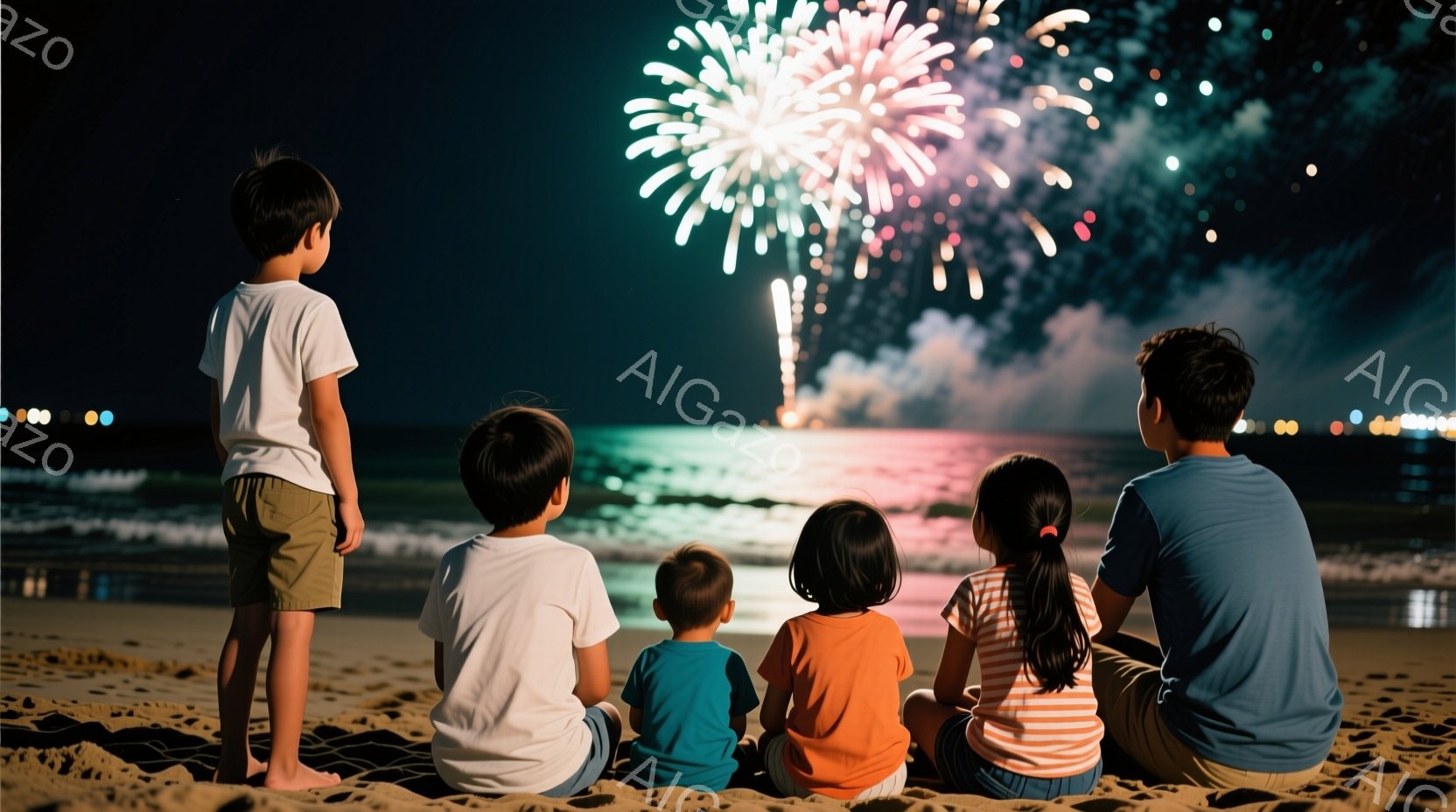 砂浜に座って花火を見上げる4人の子供たちの後ろ姿が描かれています。子供たちはそれぞれ白、ターコイズ、オレンジ、白と赤のストライプのシャツを着ており、髪型はショートヘアからポニーテールまで様々です。背景には暗い海と夜空、そして遠くに見える街の明かりが広がり、夏の夜の温かく幻想的な雰囲気を醸し出しています。