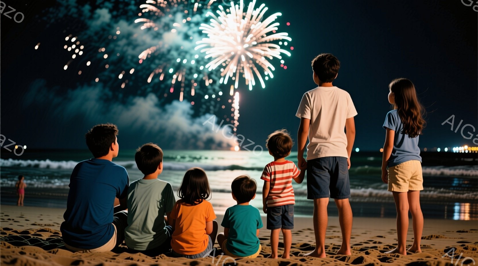 砂浜に座って花火を見る子供たちが写っています。子供たちはそれぞれ異なる色の服を着ており、一番左の男の子は青いTシャツ、次の子は白いTシャツ、女の子はオレンジ色の服、次の子は縞模様のTシャツ、そして一番 - AI生成フリー素材