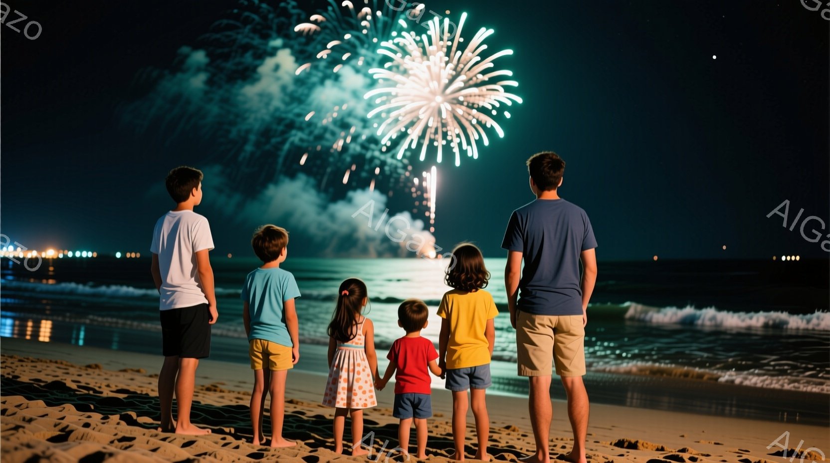 砂浜に立つ家族が花火を見上げています。子供たちはそれぞれ異なる色の服を着ており、一番年上の男の子は白いシャツ、二番目は赤いシャツ、女の子はピンクのワンピース、一番小さい男の子は青いシャツと短パン姿です - AI生成フリー素材