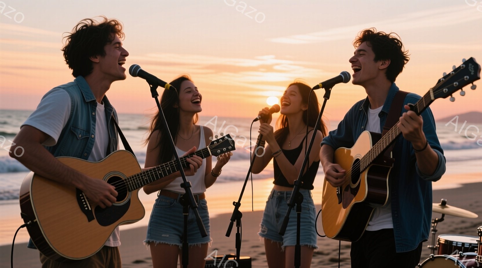 ４人の若者がビーチで演奏しています。彼らはギターやマイクを持って歌っており、皆笑顔で楽しんでいます。背景には夕焼けの海と砂浜が広がり、温かくロマンチックな雰囲気です。 - AI生成フリー素材