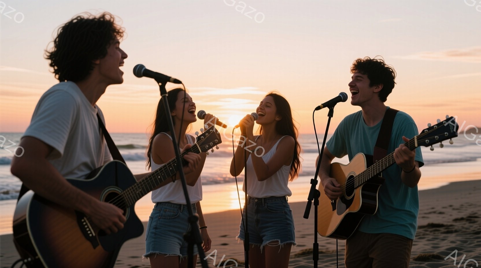 夕暮れ時のビーチで、ギターを二人が演奏し、二人の女性がマイクに向かって歌っている様子が写っている。演奏者たちはカジュアルな服装で、それぞれデニムのショートパンツと白いトップスを着用し、リラックスした表 - AI生成フリー素材