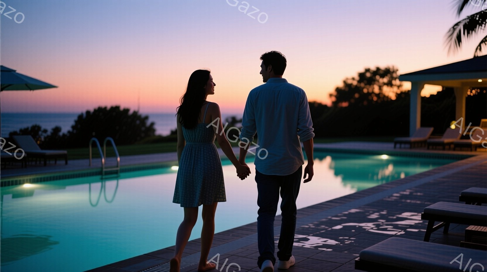 夕暮れ時のプールサイドで、若い男女が手をつないで歩いている。女性は花柄の短いワンピースを着ており、長い髪は背中に流れている。背景には、プール、リゾートの建物、そして夕焼けに染まる海が広がり、穏やかでロ - AI生成フリー素材