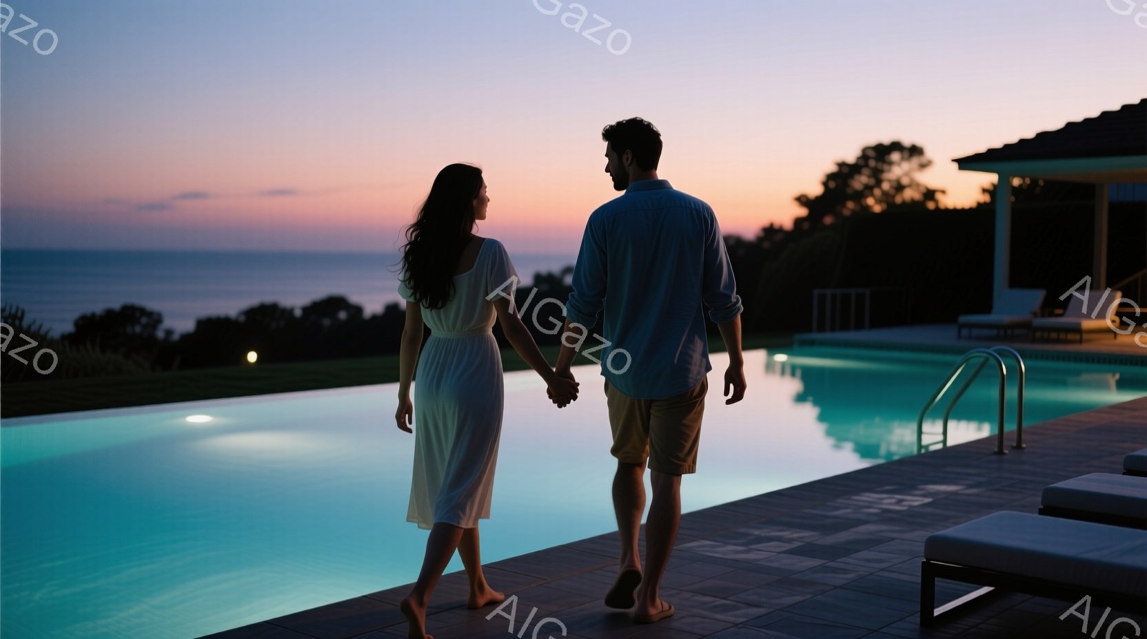 夕焼けを背景に、カップルがプールサイドを並んで歩いている。女性は白いワンピースを着て髪を長く伸ばし、男性は青いシャツと短パン姿で、二人は手をつないでいる。プールの水面は光を反射して輝き、背景には緑豊か - AI生成フリー素材
