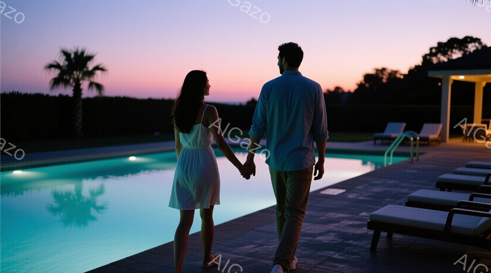 夕暮れ時のプールサイドを、ワンピースを着た女性とカジュアルなシャツとパンツの男性が手をつないで歩いている。水面に映るヤシの木の影が印象的で、背景には明るいオレンジと紫色の空が広がり、リラックスした穏や - AI生成フリー素材