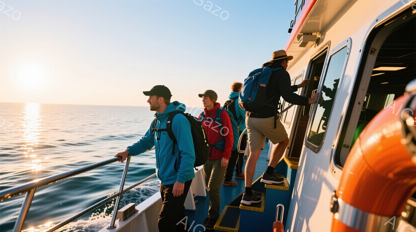 日没時の船上で、複数の人が写っている。青いジャケットに帽子を被った男性が手すりに寄りかかり、遠くを見つめている。背景には穏やかな海とオレンジ色の夕焼けが広がり、船内には赤いジャケットを着た人が階段を下りている様子が見える。
