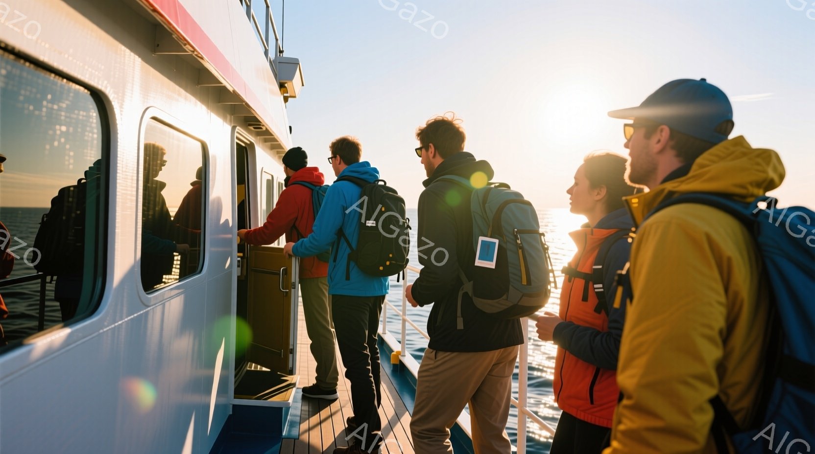 船のデッキに数人の人々が立っており、それぞれバックパックを背負っています。彼らは皆、鮮やかな色の防寒着を着用しており、海を見つめ、太陽の光を浴びています。背景には穏やかな海が広がり、暖かい雰囲気の中で、旅を楽しんでいる様子が伺えます。