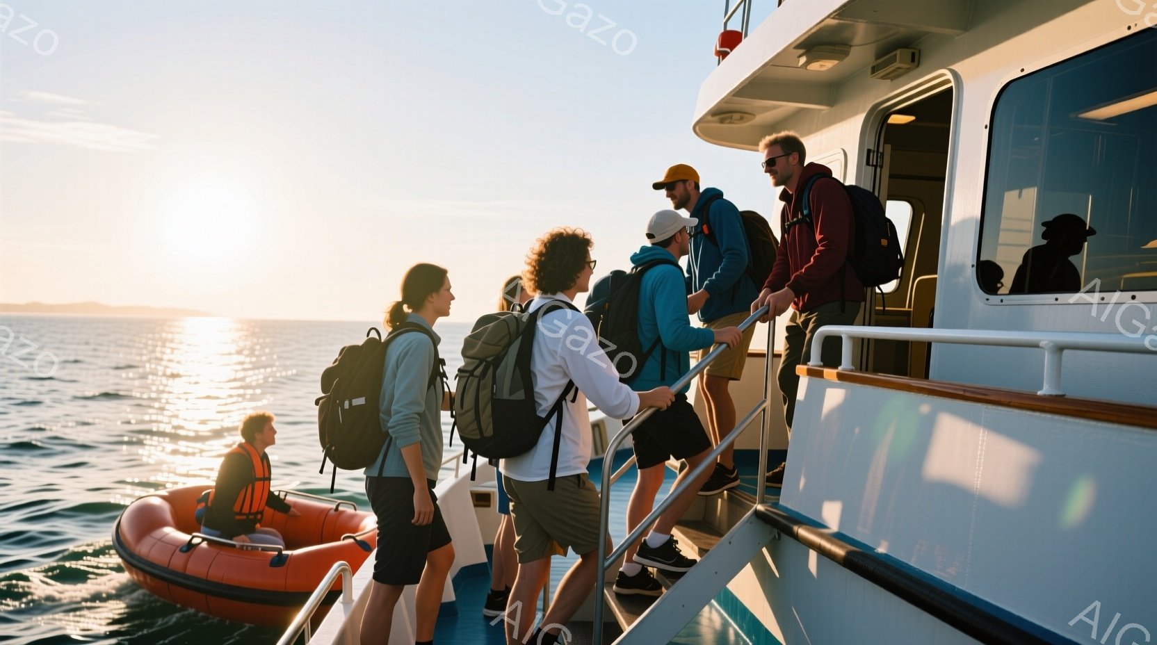 複数の人々が船の階段を降りている様子が写っている。彼らは皆バックパックを背負っており、カジュアルな服装で、日焼け止めや帽子を着用している人もいる。背景には穏やかな海と、夕焼けのような光が差し込み、全体的に明るく活気のある雰囲気である。