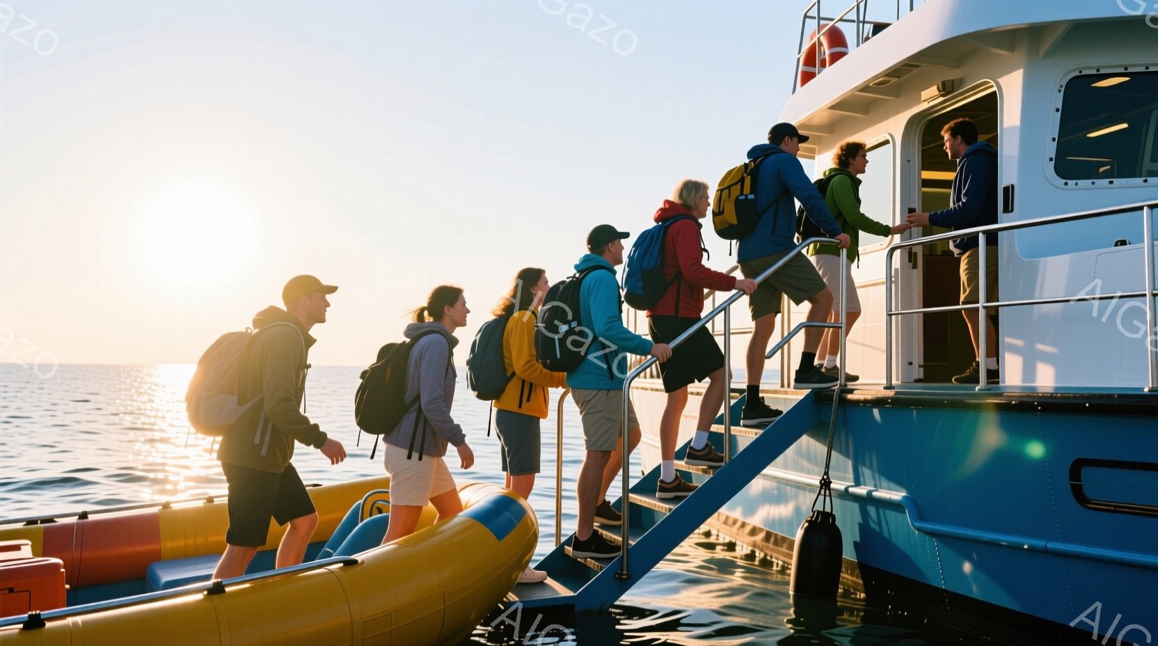 晴れた日の海で、バックパックを背負った人々が青い船の階段を降りている様子が写っている。彼らは皆、カジュアルな服装で、ハイキングや探検に適した服装をしているように見える。背景には穏やかな海が広がり、全体的に冒険とレジャーの雰囲気が漂っている。