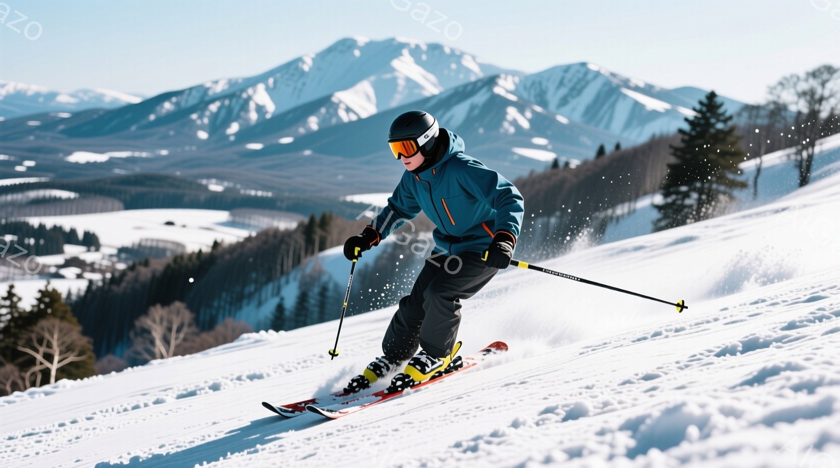 スキーヤーは青と黒のスキーウェア、オレンジ色のゴーグル、ヘルメットを着用し、雪の上を滑走しています。彼は膝を曲げ、前傾姿勢でバランスを取りながら、スピード感のあるスキーを楽しんでいる様子です。背景には - AI生成フリー素材