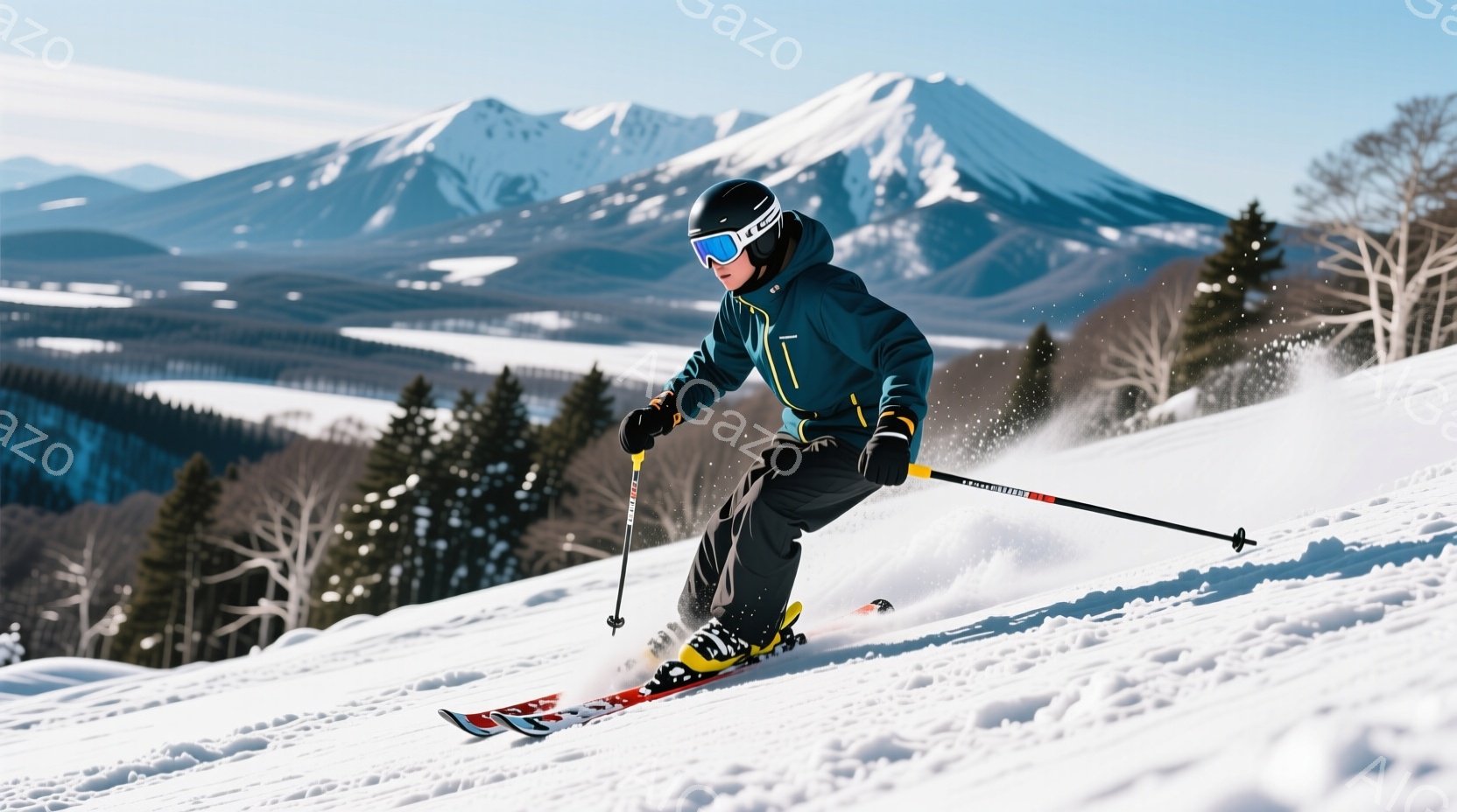 スキーヤーは青と黒のスキーウェアにヘルメットとゴーグルを着用し、雪の上を滑走している。彼は片足を前に出し、スキーポールを構え、バランスを取りながら斜面を下っている様子が伺える。背景には雪を被った山々と - AI生成フリー素材